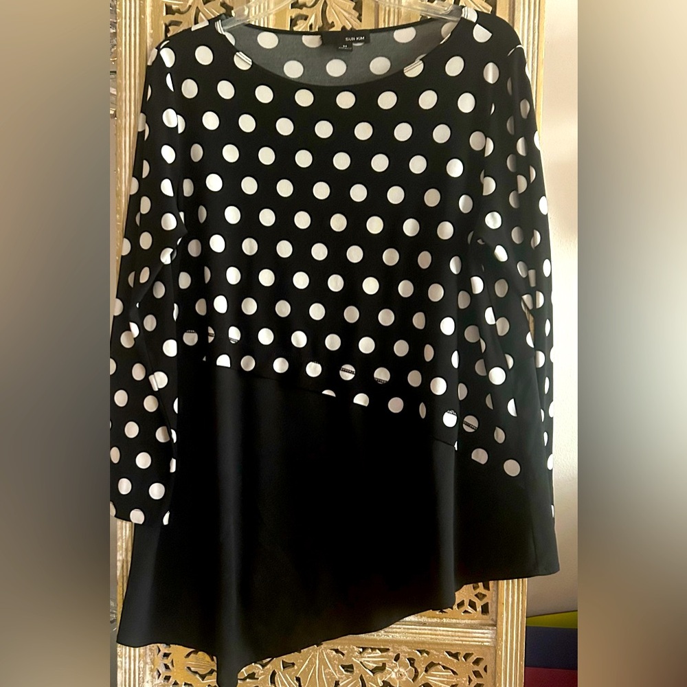 Sun kim Comfy USA color block blouse top shirt black white polka dot classic M
